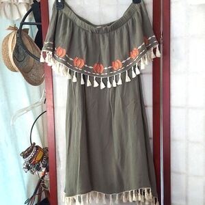 Miami Off- Shoulder Ruffle Tassel Bohemian Hippy Embroidered8 Tunic Sz XS